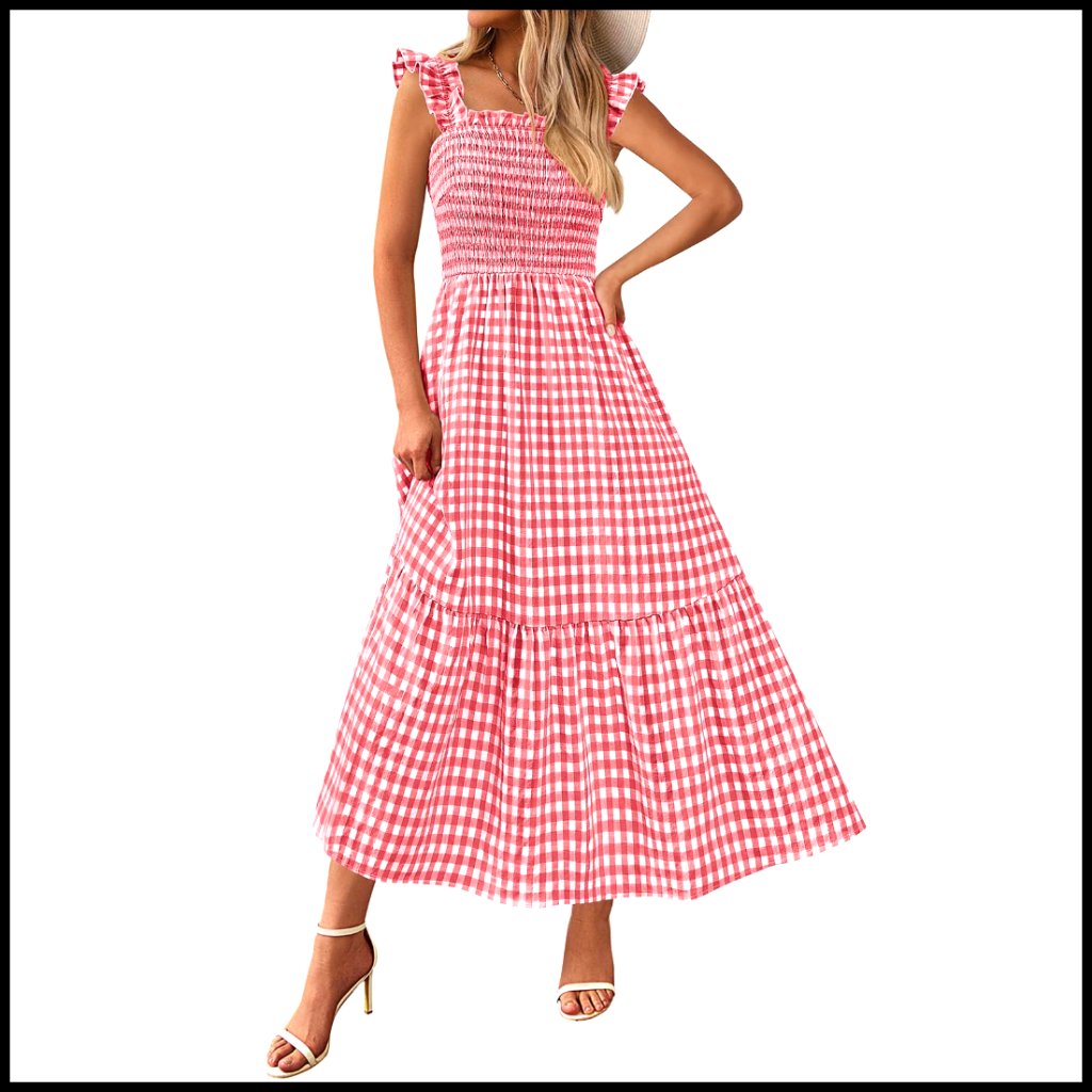 Summer Square Neck Ruffle Strap Smocked Midi Dress Flowy A-Line With Pockets